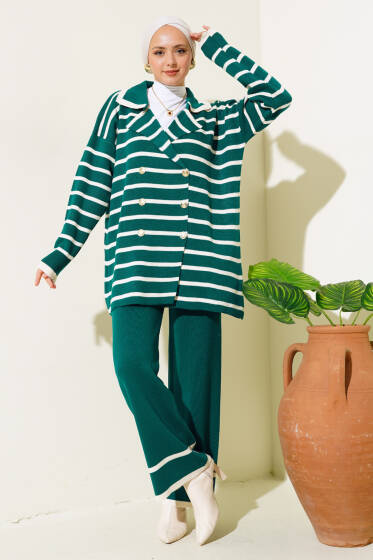 Çizgili Salaş Ceketli Triko Takım Zümrüt - İKİLİ TAKIM
