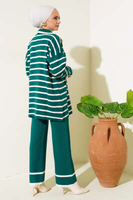 Çizgili Salaş Ceketli Triko Takım Zümrüt - Triko İkili Takım