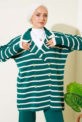 Çizgili Salaş Ceketli Triko Takım Zümrüt - Triko İkili Takım