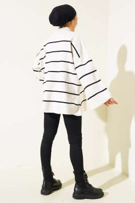 Çizgili Salaş Dik Yaka Triko Tunik Bej - Triko Tunik