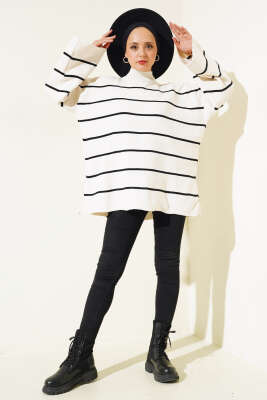 Çizgili Salaş Dik Yaka Triko Tunik Bej - Triko Tunik