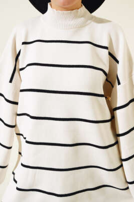 Çizgili Salaş Dik Yaka Triko Tunik Bej - Triko Tunik