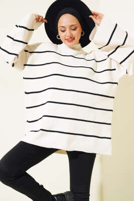 Çizgili Salaş Dik Yaka Triko Tunik Bej 