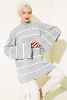 Çizgili Salaş Dik Yaka Triko Tunik Gri - NOVALÜX