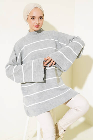 Çizgili Salaş Dik Yaka Triko Tunik Gri - Triko Tunik