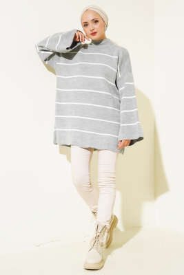 Çizgili Salaş Dik Yaka Triko Tunik Gri - Triko Tunik