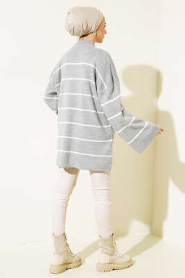 Çizgili Salaş Dik Yaka Triko Tunik Gri - Triko Tunik