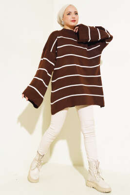 Çizgili Salaş Dik Yaka Triko Tunik Kahve - Triko Tunik