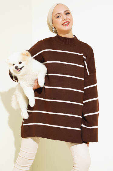 Çizgili Salaş Dik Yaka Triko Tunik Kahve - Triko Tunik