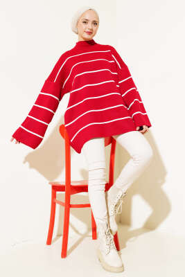 Çizgili Salaş Dik Yaka Triko Tunik Kırmızı 