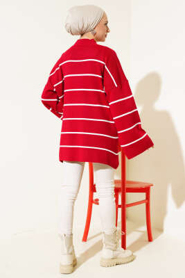 Çizgili Salaş Dik Yaka Triko Tunik Kırmızı - Triko Tunik