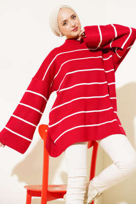 Çizgili Salaş Dik Yaka Triko Tunik Kırmızı - Triko Tunik