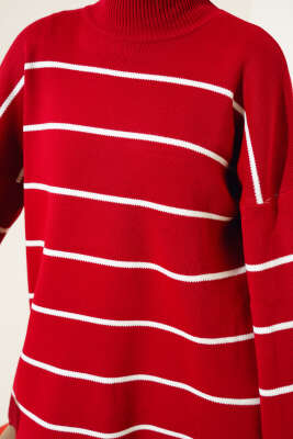 Çizgili Salaş Dik Yaka Triko Tunik Kırmızı - Triko Tunik