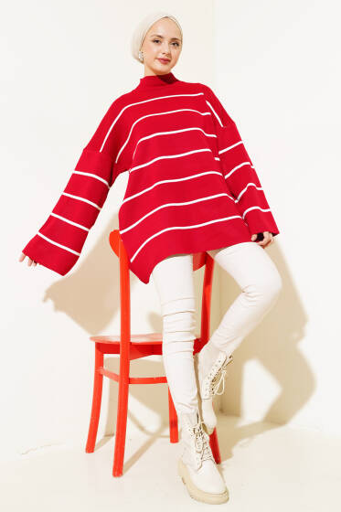 Çizgili Salaş Dik Yaka Triko Tunik Kırmızı - Tunik