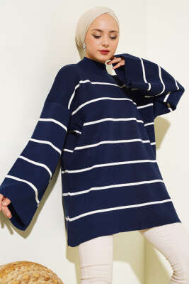 Çizgili Salaş Dik Yaka Triko Tunik Lacivert - NOVALÜX