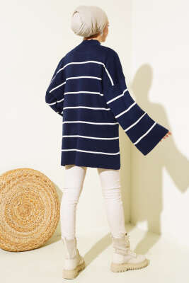 Çizgili Salaş Dik Yaka Triko Tunik Lacivert - Triko Tunik