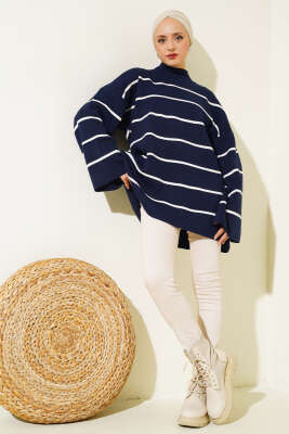 Çizgili Salaş Dik Yaka Triko Tunik Lacivert - Triko Tunik