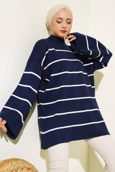 Çizgili Salaş Dik Yaka Triko Tunik Lacivert - Tunik