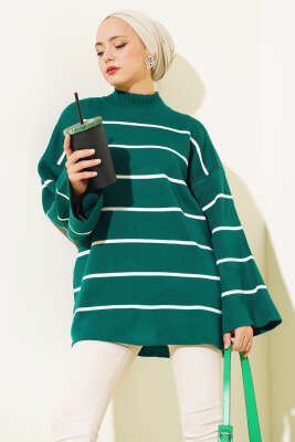 Çizgili Salaş Dik Yaka Triko Tunik Nefti 