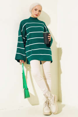 Çizgili Salaş Dik Yaka Triko Tunik Nefti - Triko Tunik