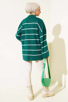 Çizgili Salaş Dik Yaka Triko Tunik Nefti - Triko Tunik