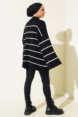 Çizgili Salaş Dik Yaka Triko Tunik Siyah - Triko Tunik