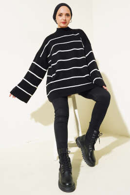 Çizgili Salaş Dik Yaka Triko Tunik Siyah - Triko Tunik