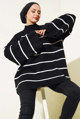 Çizgili Salaş Dik Yaka Triko Tunik Siyah 
