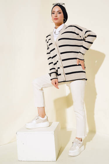 Çizgili Salaş Hırka Bej - Hırka