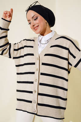 Çizgili Salaş Hırka Bej - Triko Hırka