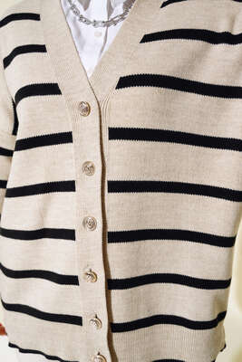 Çizgili Salaş Hırka Bej - Triko Hırka