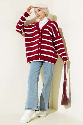 Çizgili Salaş Hırka Bordo - Triko Hırka