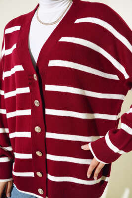 Çizgili Salaş Hırka Bordo - Triko Hırka