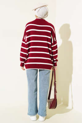 Çizgili Salaş Hırka Bordo - Triko Hırka