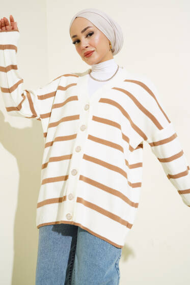 Çizgili Salaş Hırka Ekru Camel - Hırka