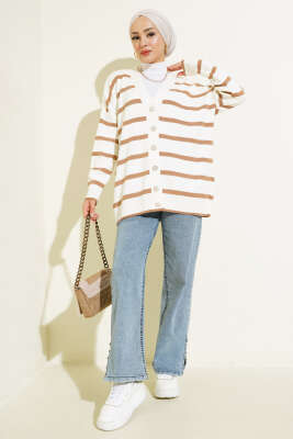 Çizgili Salaş Hırka Ekru Camel - Triko Hırka