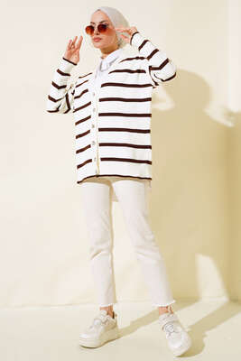 Çizgili Salaş Hırka Ekru Kahve - Triko Hırka