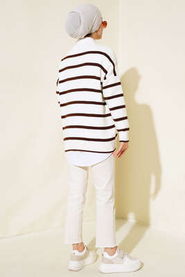 Çizgili Salaş Hırka Ekru Kahve - Triko Hırka