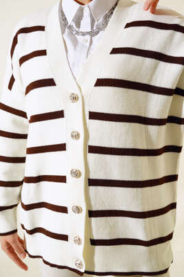 Çizgili Salaş Hırka Ekru Kahve - Triko Hırka