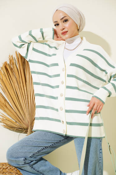 Çizgili Salaş Hırka Ekru Mint - Hırka