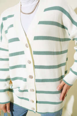 Çizgili Salaş Hırka Ekru Mint - Triko Hırka