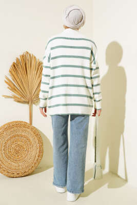 Çizgili Salaş Hırka Ekru Mint - Triko Hırka