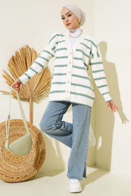 Çizgili Salaş Hırka Ekru Mint - Triko Hırka