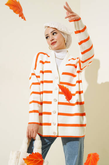 Çizgili Salaş Hırka Ekru Oranj - Hırka