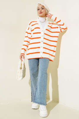 Çizgili Salaş Hırka Ekru Oranj - Triko Hırka