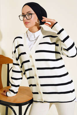 Çizgili Salaş Hırka Ekru Siyah 