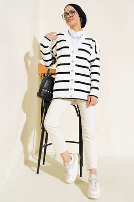 Çizgili Salaş Hırka Ekru Siyah - Triko Hırka