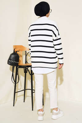 Çizgili Salaş Hırka Ekru Siyah - Triko Hırka