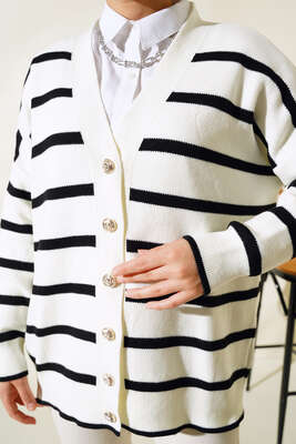 Çizgili Salaş Hırka Ekru Siyah - Triko Hırka