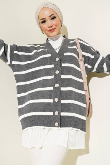 Çizgili Salaş Hırka Füme - Hırka